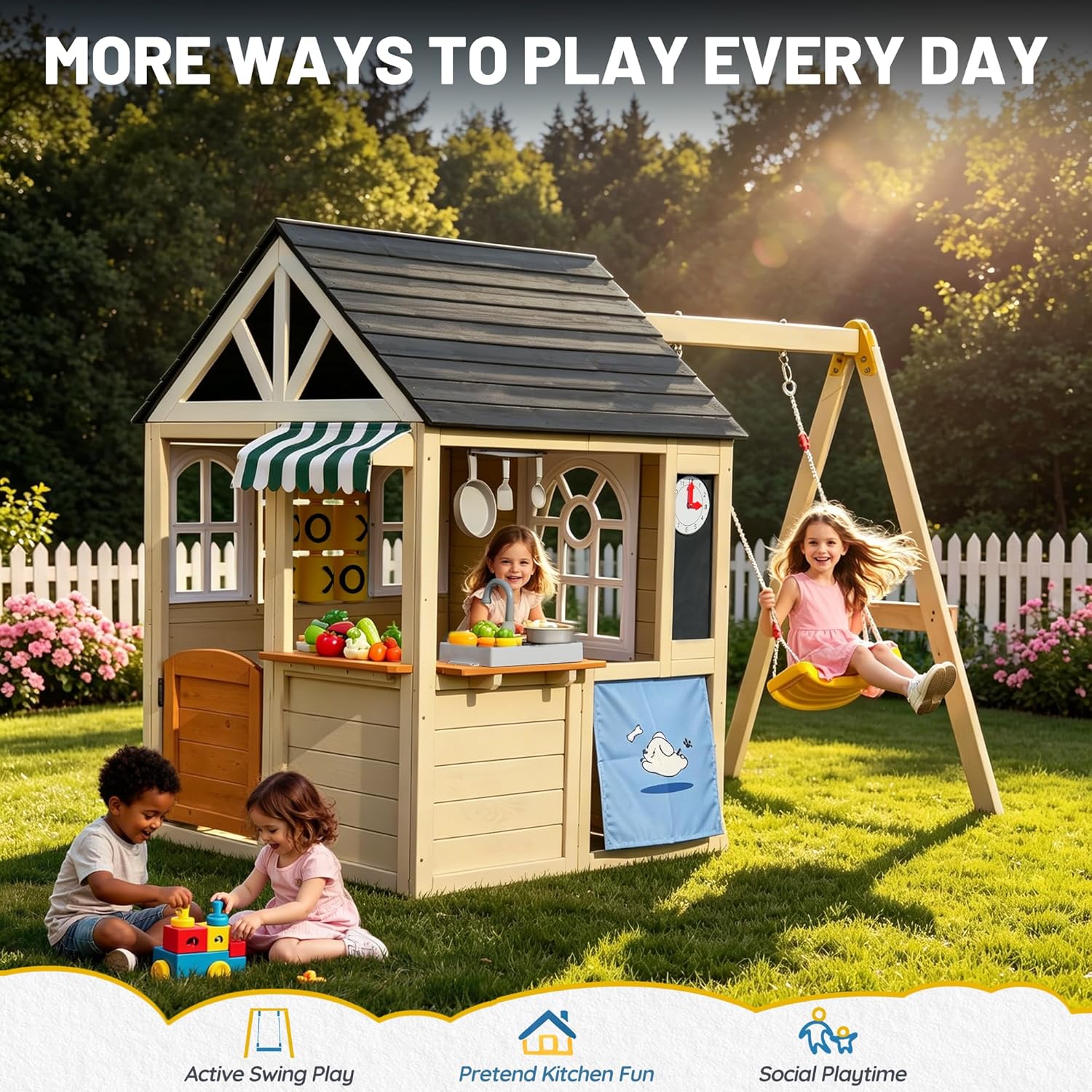 Wooden Playhouse with Swing Set for Kids, Ivory White Cedar Wood Outdoor Playset with Pet Door & Game Board