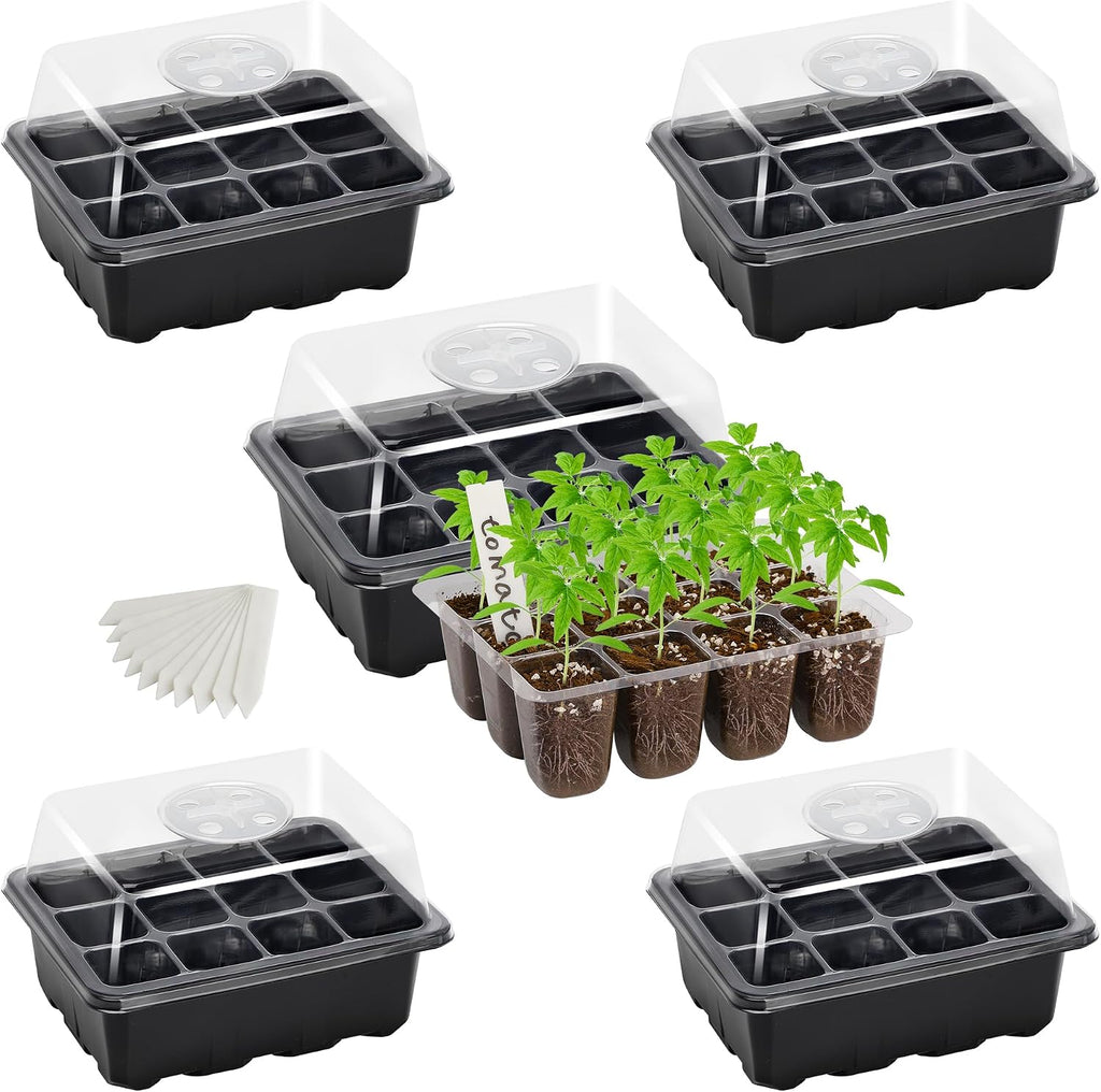 5-Pack Seed Starter Trays, Humidity Dome, Base, 12-Cell Tray, Black | Adjustable Vents Control Humidity &