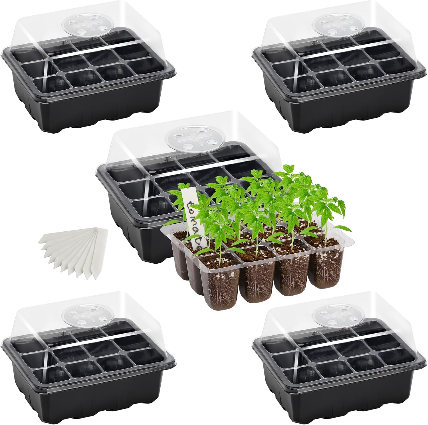 5-Pack Seed Starter Trays, Humidity Dome, Base, 12-Cell Tray, Black | Adjustable Vents Control Humidity &