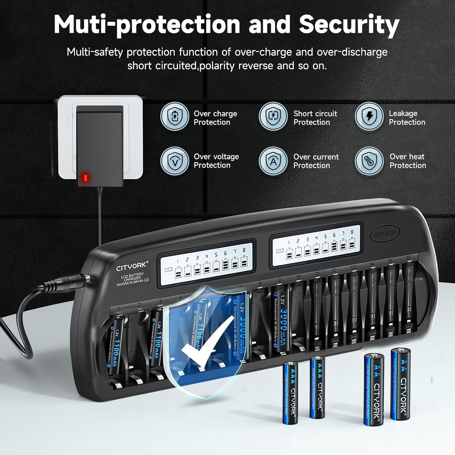 16 Bay AA AAA Battery Charger with Discharge Function, Smart LCD Display for 1.2V AA/AAA NiMH/NiCd Rechargeable