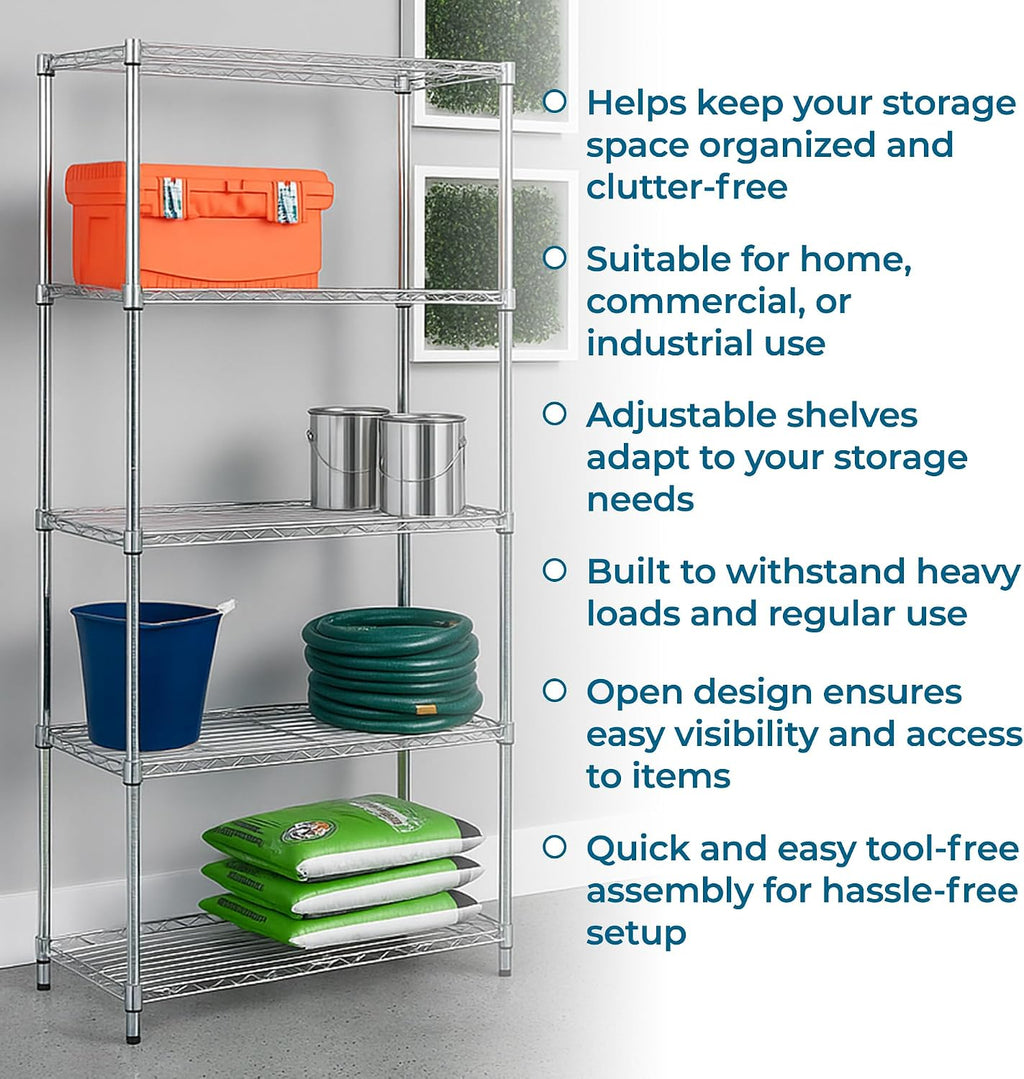 5-Tier Rolling Chrome Wire Shelf, NSF, 350 lb/Shelf, 36x18x72