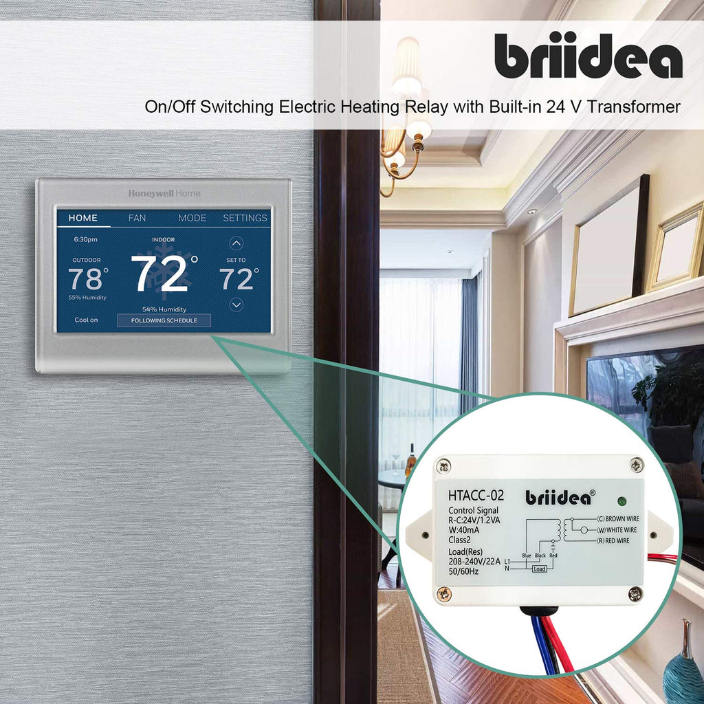 Briidea 220V 240V On/Off Switch Electric Heating Relay with Built-in 24V Transformer, Replacement for Any Relay, Compatible with 24V Thermostat