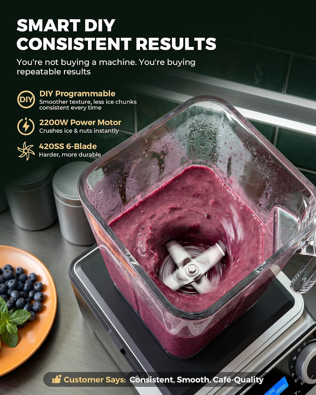 Commercial Blender - 80 oz Quiet Blender for Smoothies with LED Touch Panel & Sound Enclosure, 2200W Copper Motor