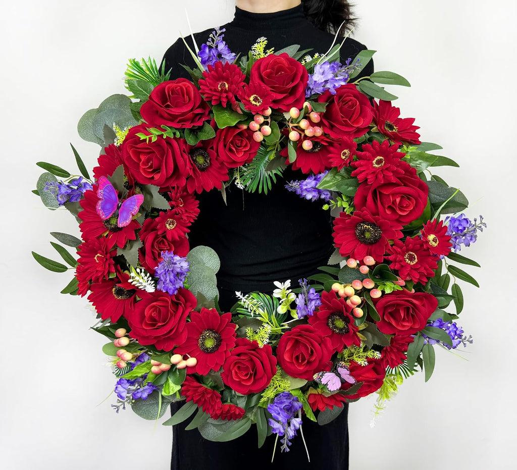 Cemetery Wreath for Grave, Red Roses Memorial Wreath with 30 Inch Easeal Stand, Fade-Resistant