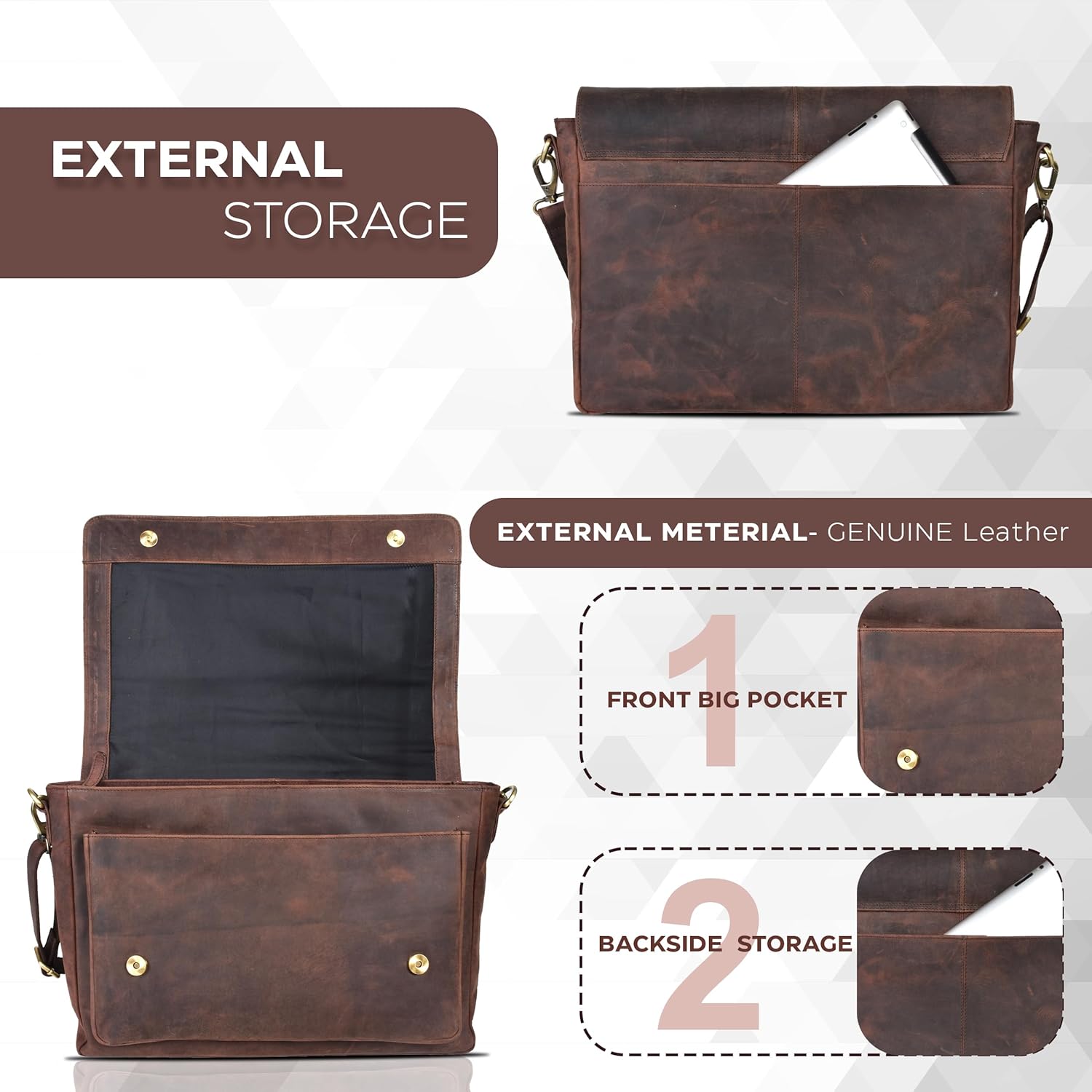 Leather Messenger Bag for Men and Women - Laptop Briefcase Bag For College, Office, Adjustable Shoulder Strap