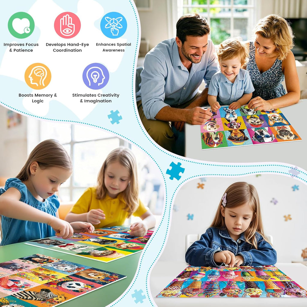 4-Pack 100 Piece Puzzles for Kids Ages 6-8 8-10 - Large Piece Puzzles for Adults Seniors Kids,Dogs Cats Ice Cream