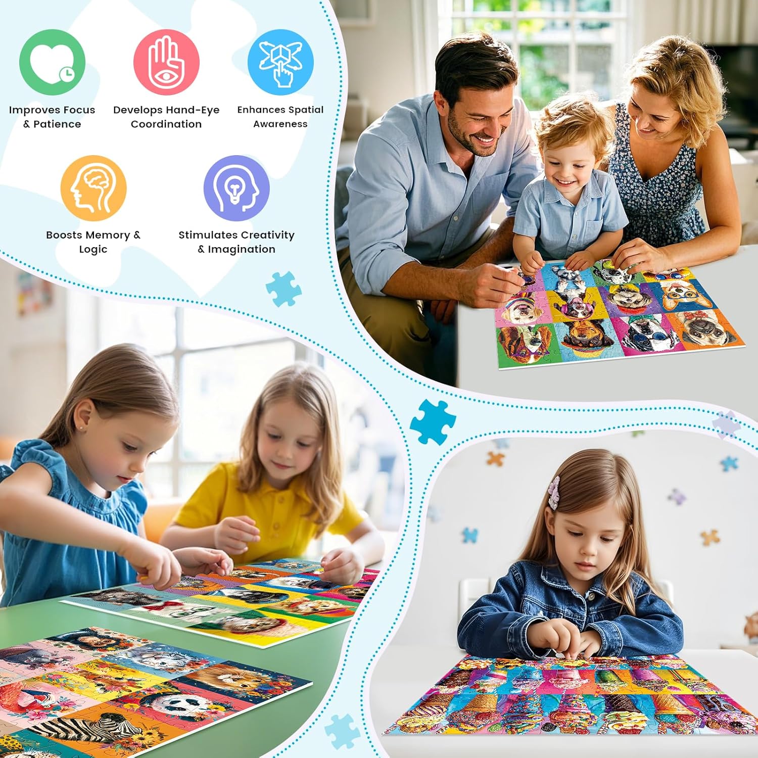 4-Pack 100 Piece Puzzles for Kids Ages 6-8 8-10 - Large Piece Puzzles for Adults Seniors Kids,Dogs Cats Ice Cream