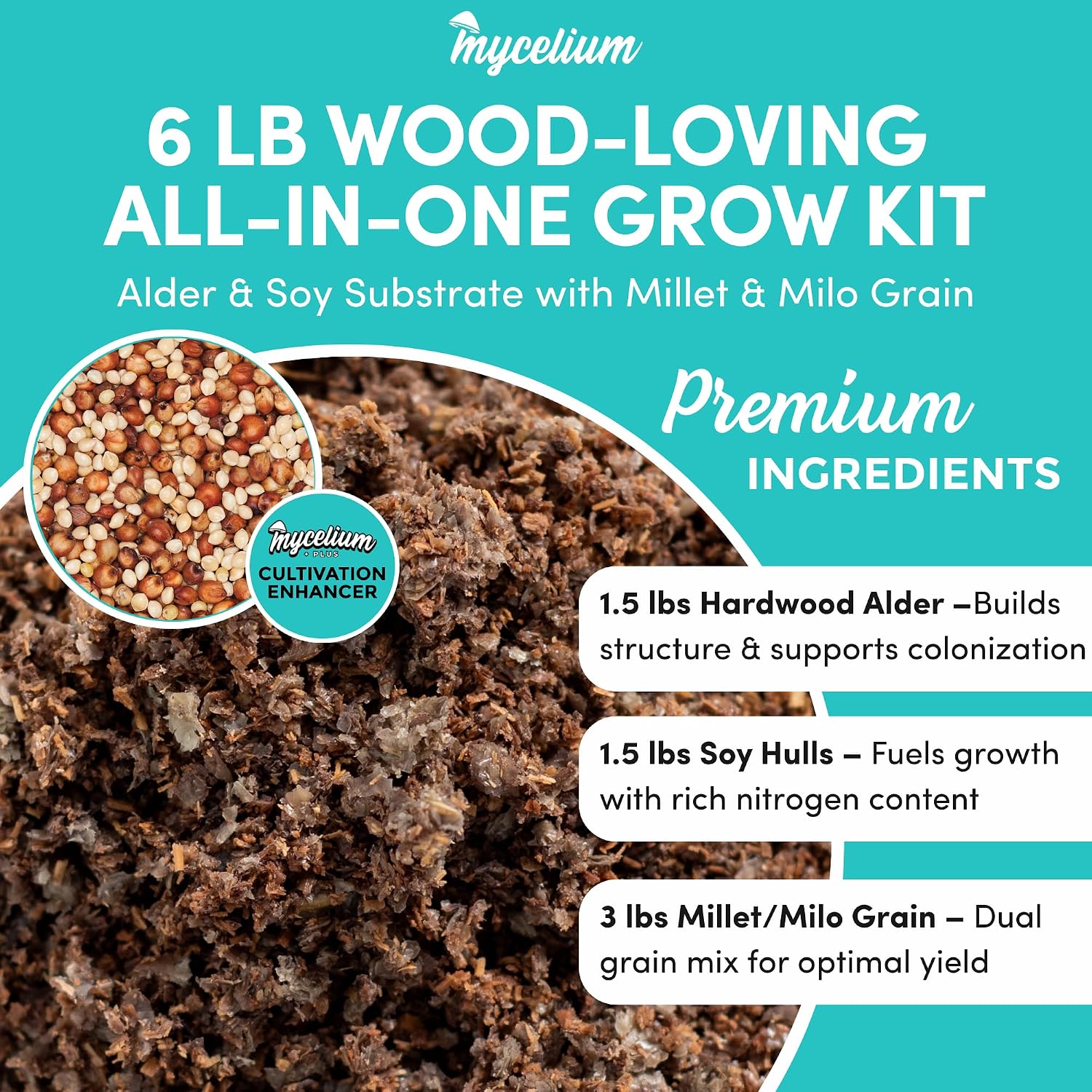 All-in-One Mushroom Grow Kit – 6 lb Sterilized Enhanced Substrate with Alder, Soy Hull, Millet & Milo Grains |