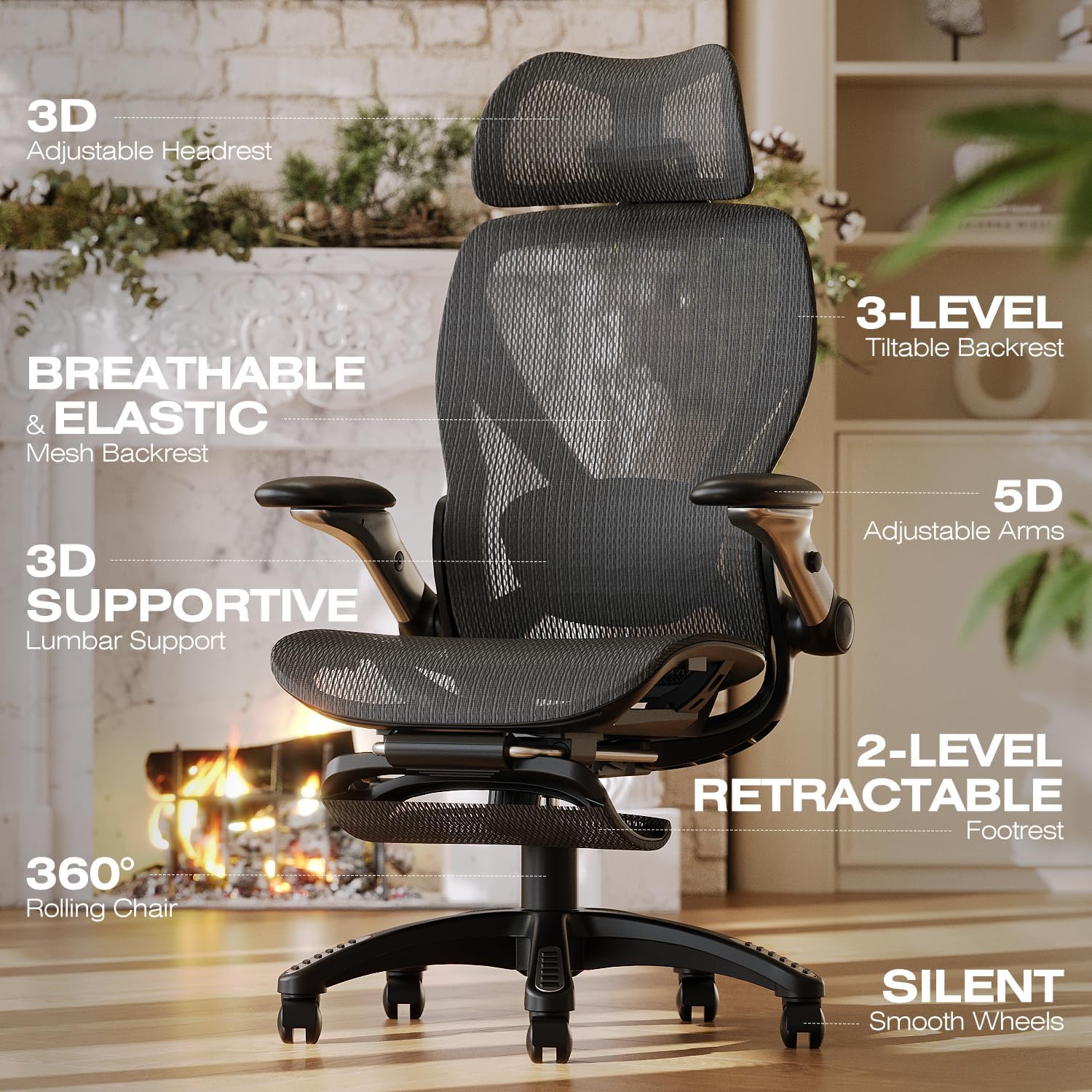 X100 Ergonomic Mesh Office Chair with Footrest, Big and Tall Hone Desk Chair with 5D Flip-Up Arms, Adjustable 3D