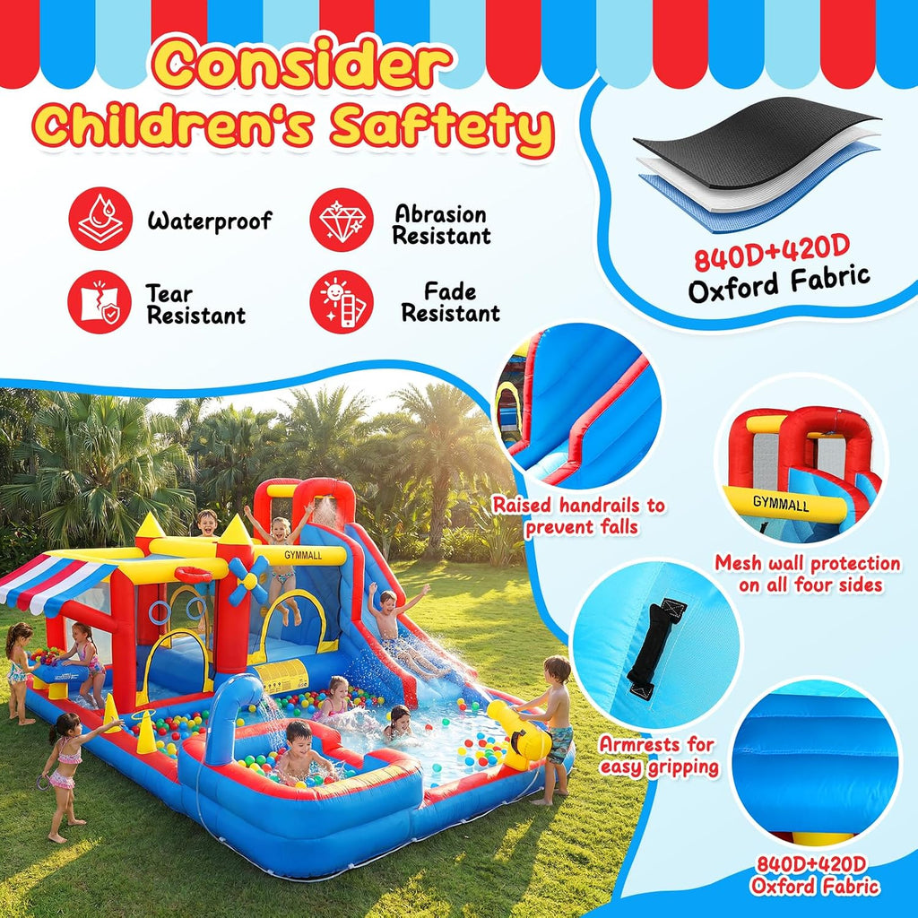 Inflatable Bounce House Water Slide with 550 W Blower, Blow up 10-in-1 Waterslide Park Bouncy Castle Outdoor and