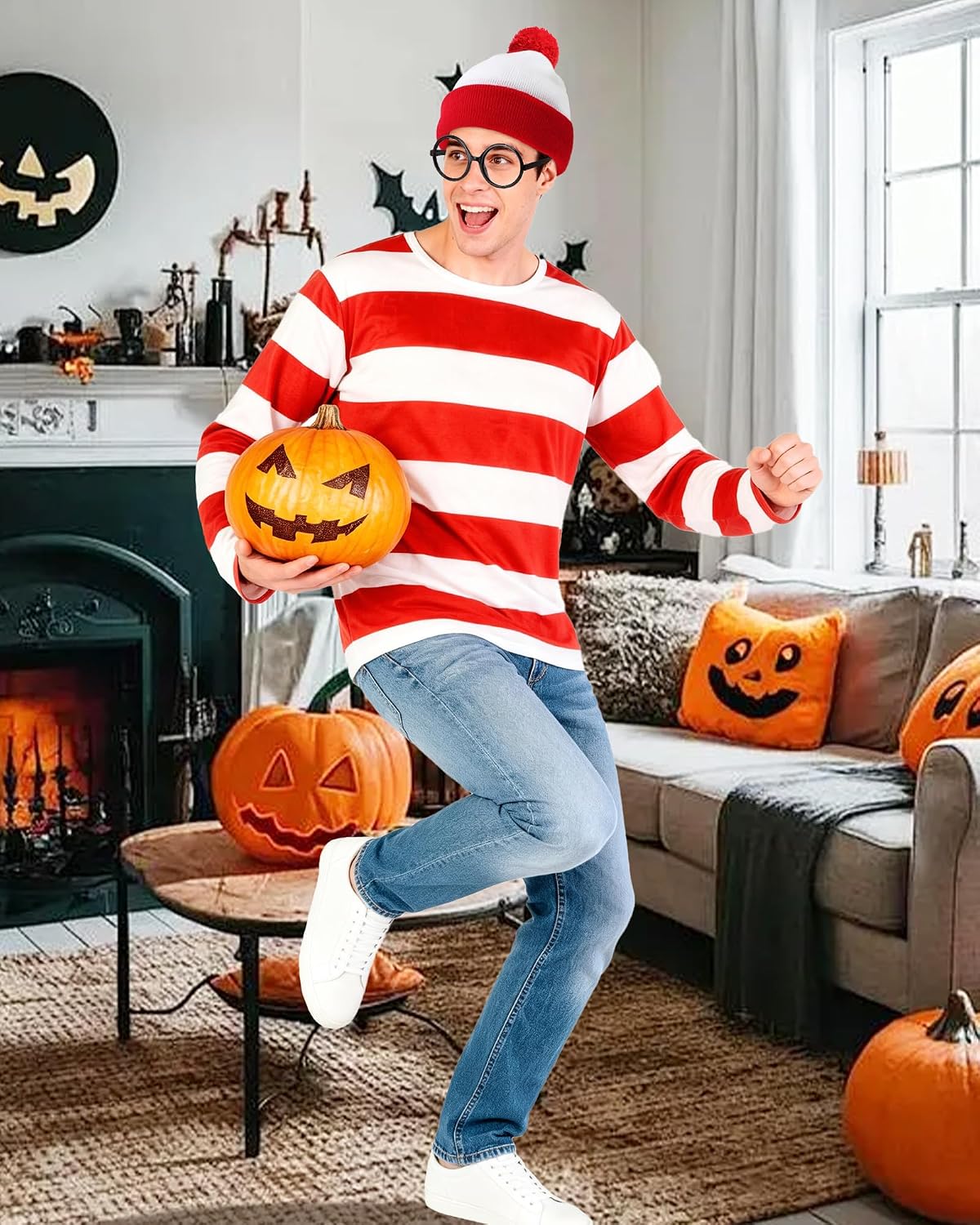 Halloween Costume Adult,Red and White Striped Shirt,Couple Costume | 3 PCS Halloween Easy Costumes,Red and White