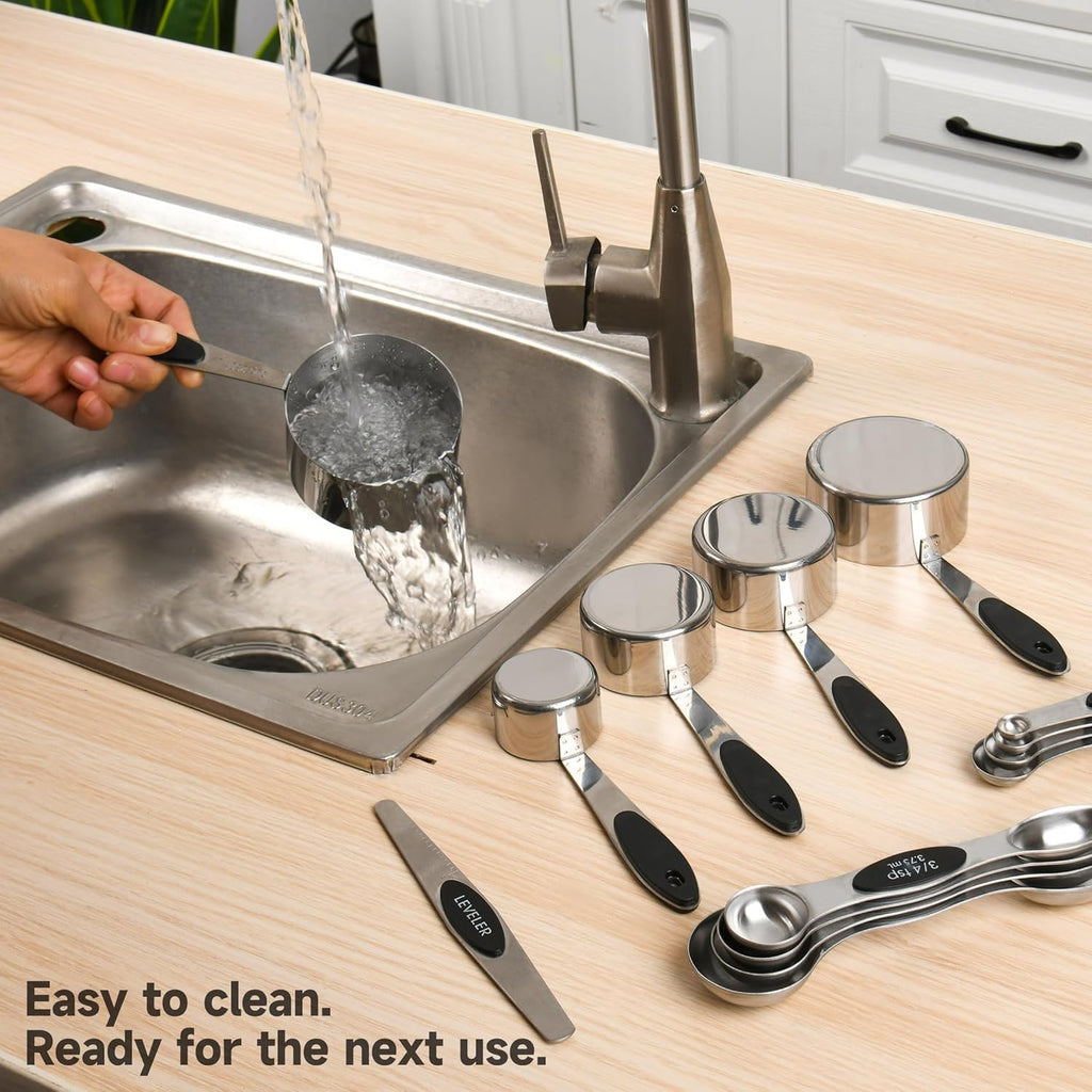 Magnetic Measuring Cups and Spoons Set, Strong N45 Magnets, 304 Stainless Steel, Double-Sided Measuring Spoons