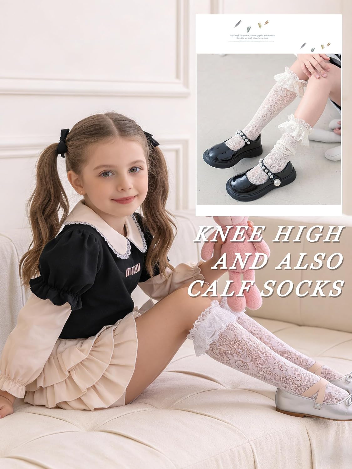 Girls Lace Knee High Socks 2 Pack Sheer Patterned Stockings 5-12Y | Kids Black White Hollow Cute Ruffle Trim Socks