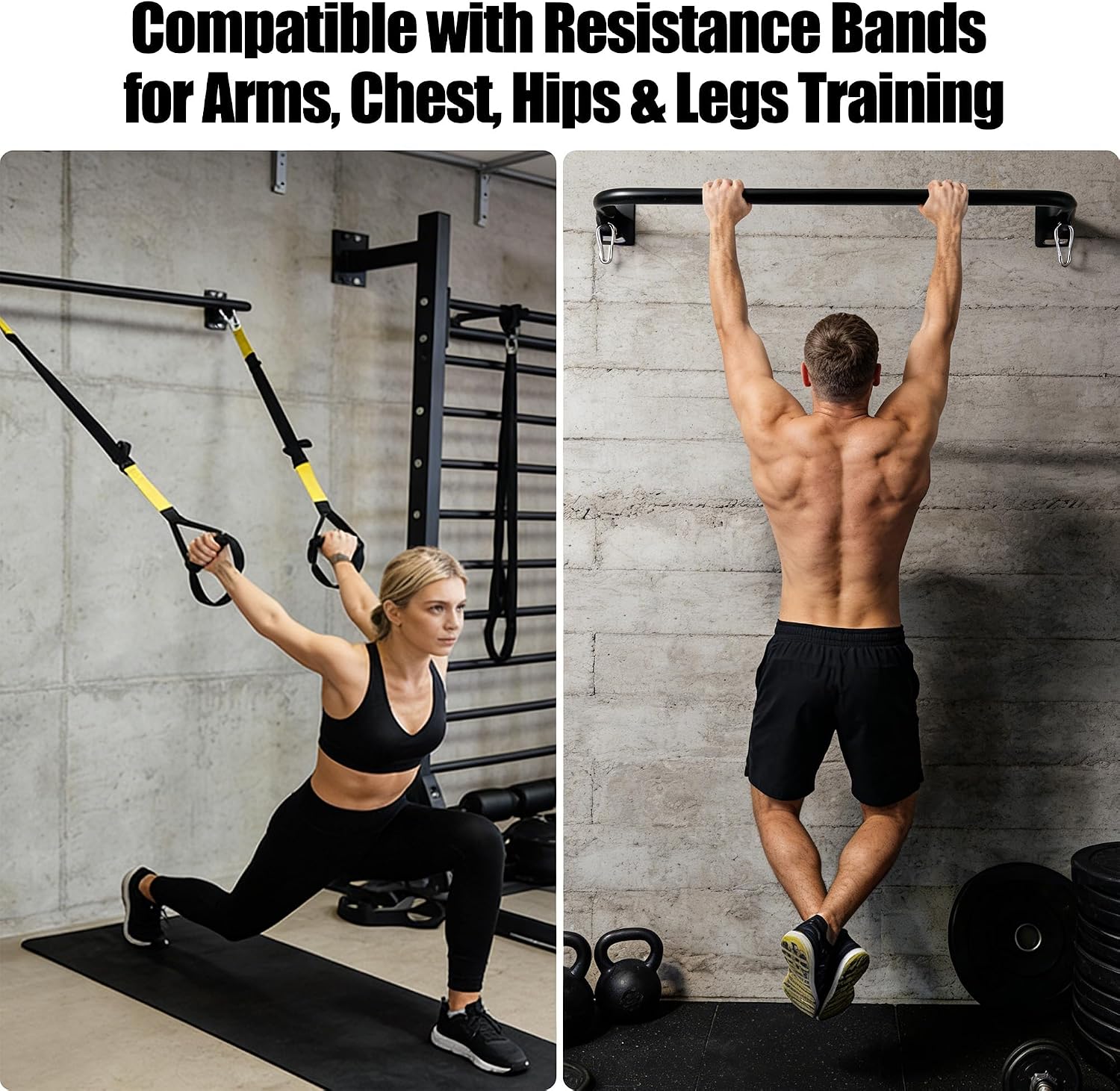 Wall Mounted Pull Up Bar, Carbon Steel Doorway Chin Up Bar for Home Gym | Reinforced plate supports fit joists and