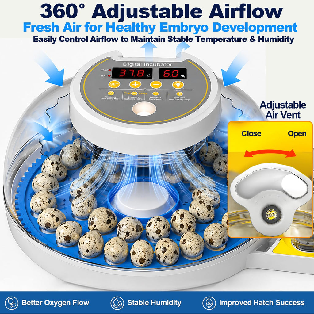 32 Quail Egg Incubator for Hatching Eggs, Dual Power Supply, Automatic Egg Turner, Humidity & Temperature Monitor