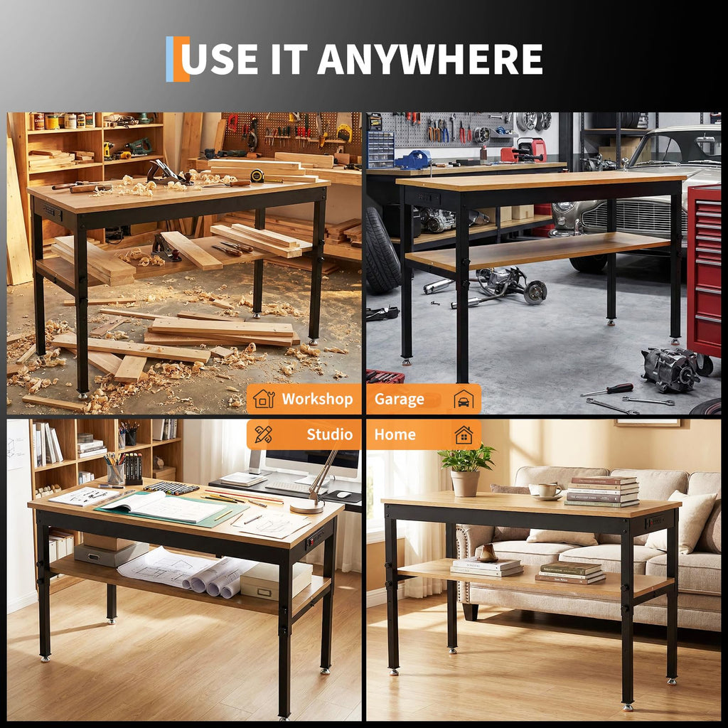 48"x 24" Adjustable Workbench 2500LBS, Work Bench with Power Outlet & Shelf