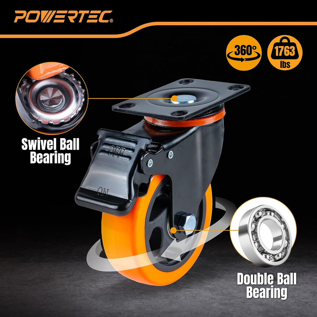 4" Swivel Caster Wheels Set of 4 with Dual Locking Brake, Heavy Duty Plate Casters, 1763 lbs Static Load, Includes 2