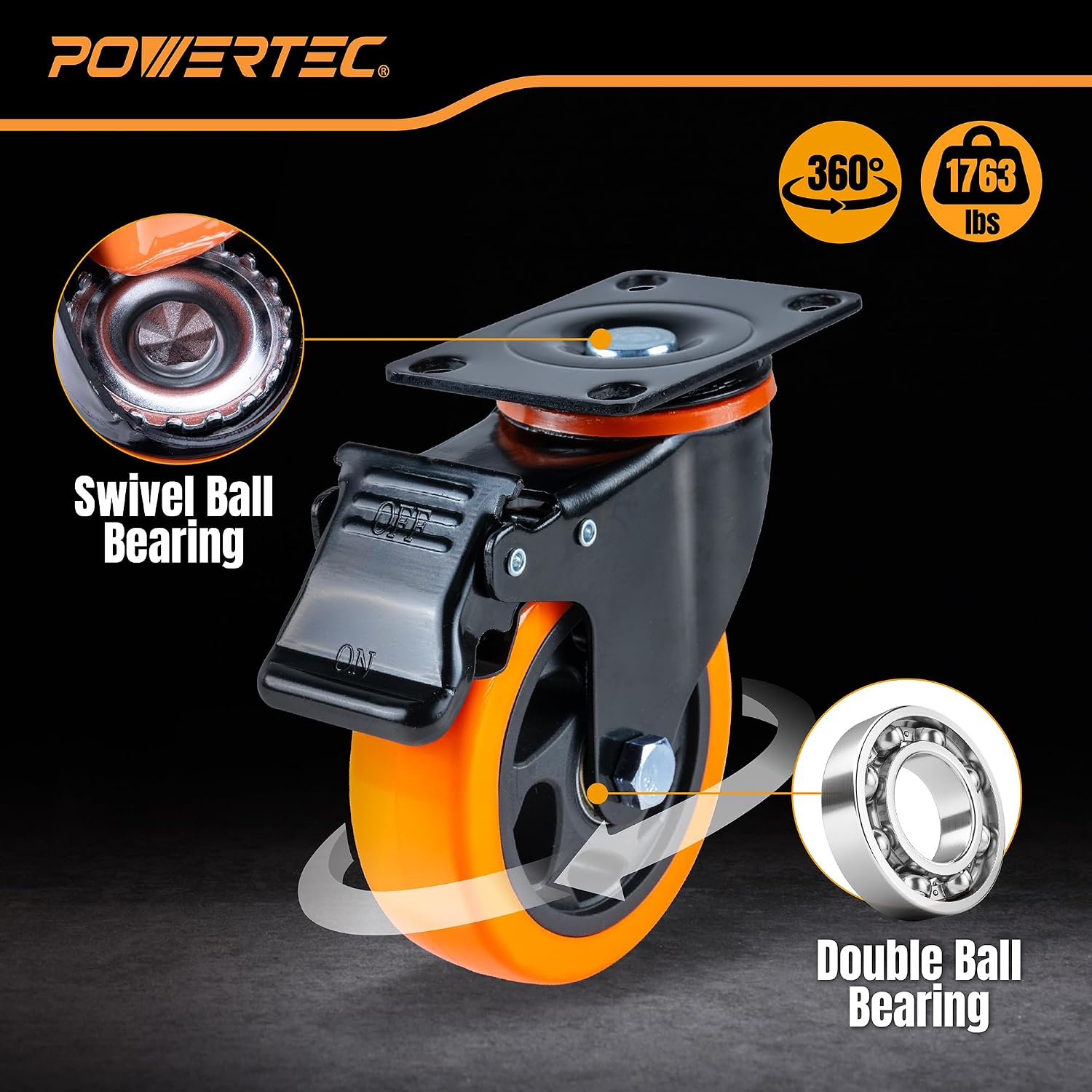 4" Swivel Caster Wheels Set of 4 with Dual Locking Brake, Heavy Duty Plate Casters, 1763 lbs Static Load, Includes 2