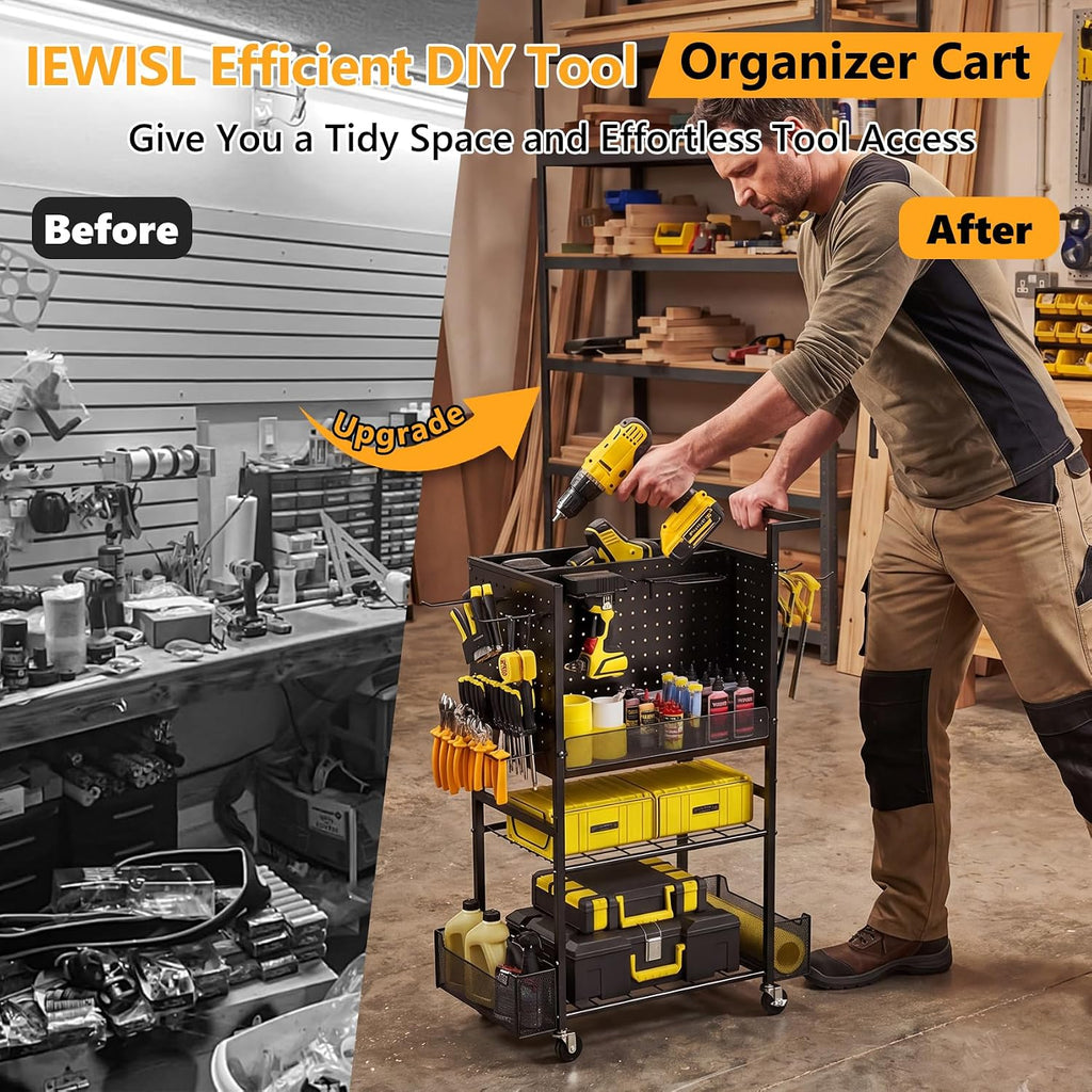 Tool Cart on Wheels, 4-Tier Metal Rolling Utility Cart with Pegboard & Storage Baskets, 242.5 lbs Heavy Duty Tool