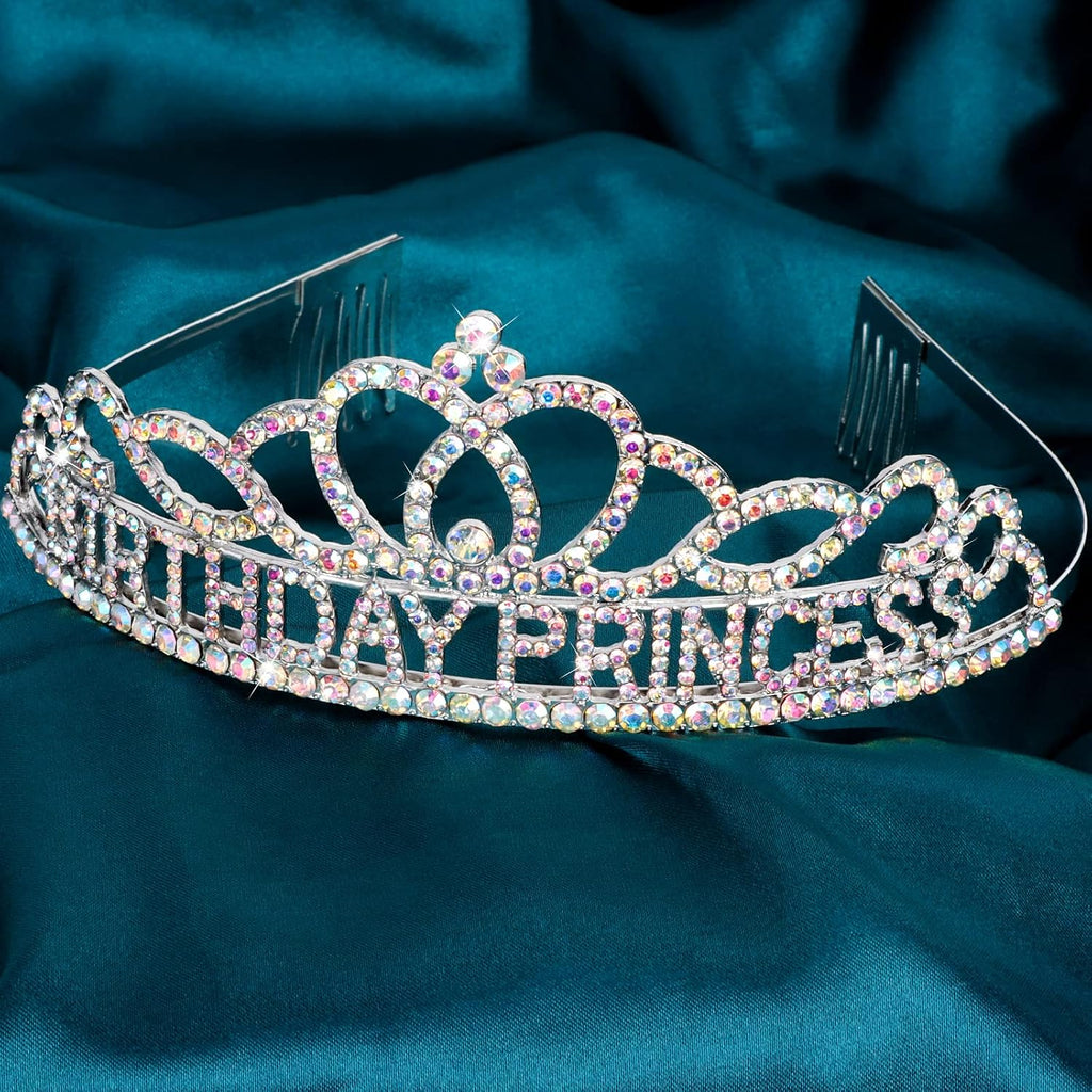 Birthday Princess Crown and Sash Set - Silver AB Rhinestones Tiara for Women and Girls - Birthday Decorations