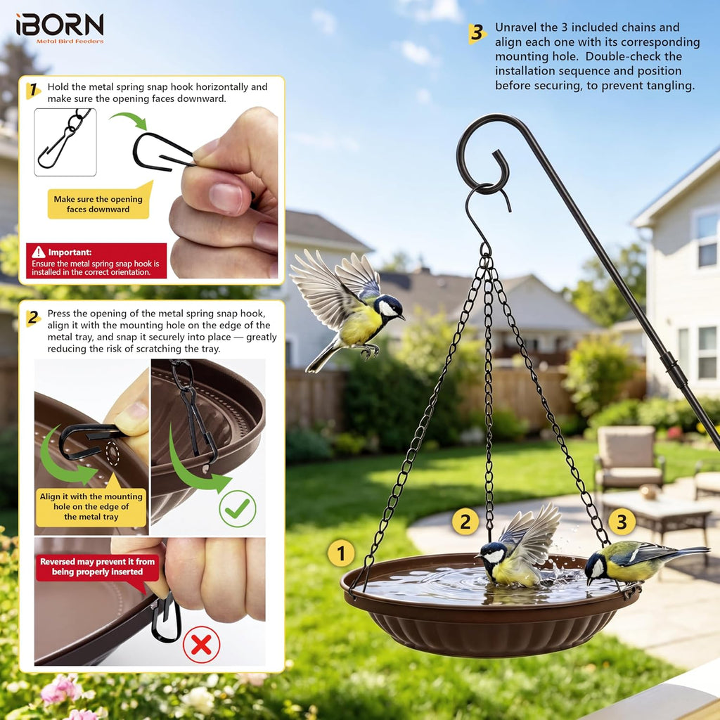 Hanging Metal Bird Bath Feeder Tray, 1.5L All Metal Wild Birdbath for Outdoor Backyard Garden, Squirrel Chew Proof