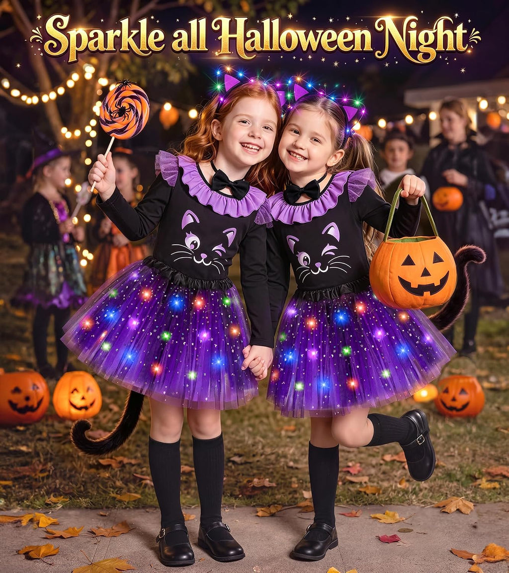 Black Cat Costume for Girls, Girls Halloween Costume Light Up Tutu Skirt