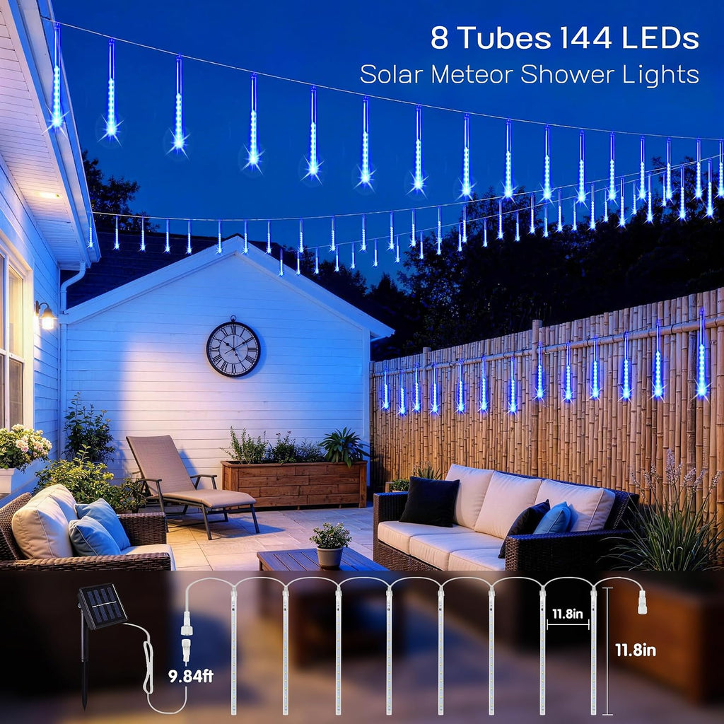 Solar Lights for Outdoor Decor, Solar Meteor Shower Lights Outdoor | 8 Tube 144 LEDs , Hanging Blue Christmas Lights
