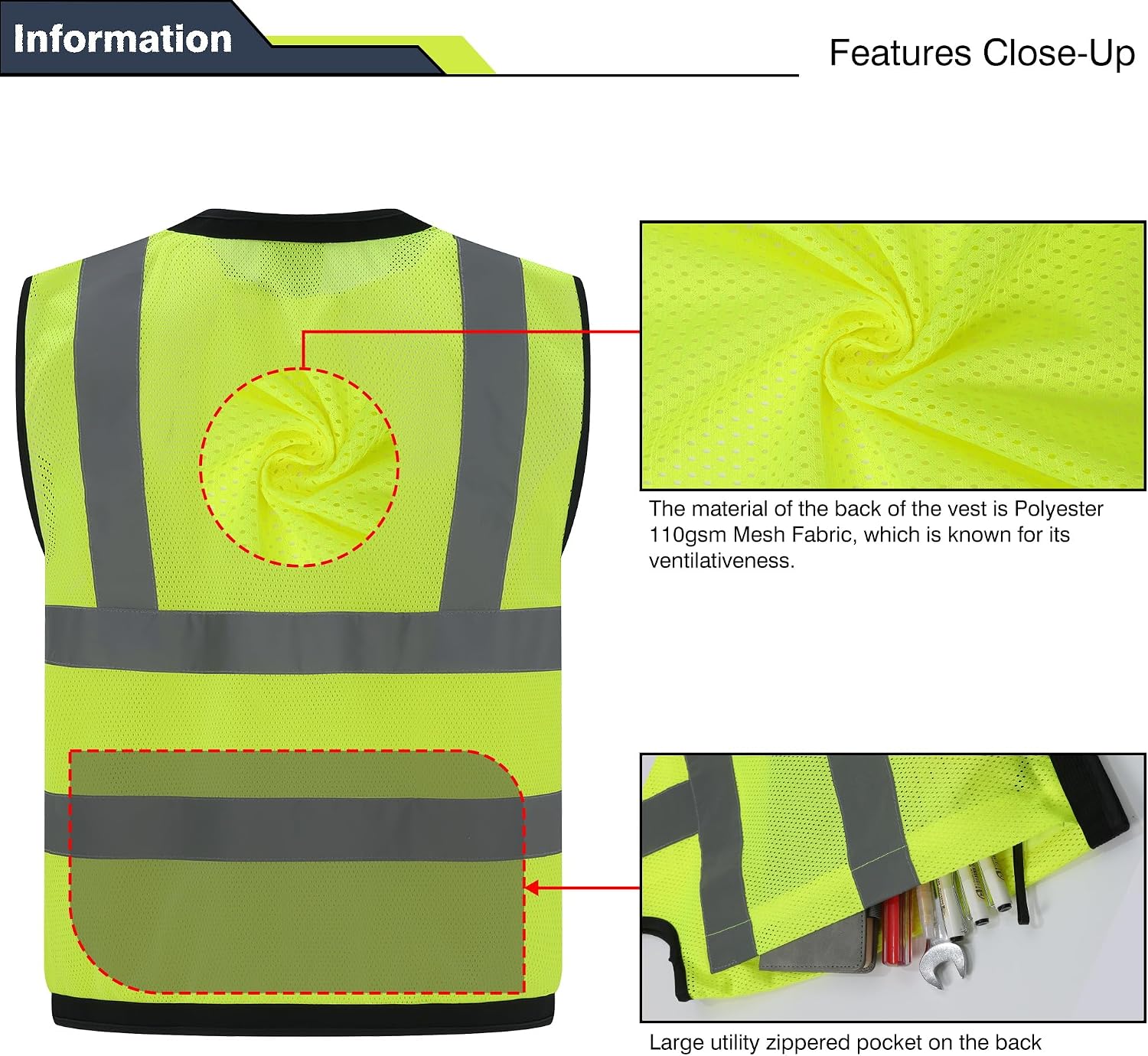 Safety Vest, High Visibility Reflective Vest for Outdoor Work | ANSI Class 2,breathable mesh,reflective strips,multi