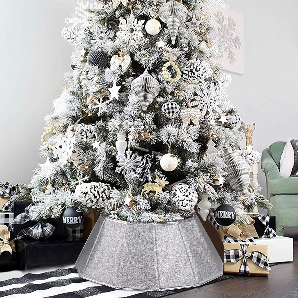 Fabric Christmas Tree Collar - Glittering Ring and Willow Skirt for Tree Decorations (Glitter Silver)