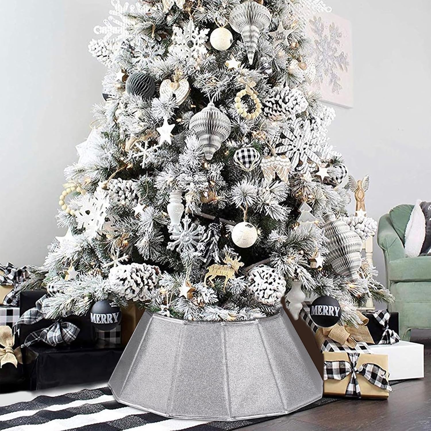 Fabric Christmas Tree Collar - Glittering Ring and Willow Skirt for Tree Decorations (Glitter Silver)