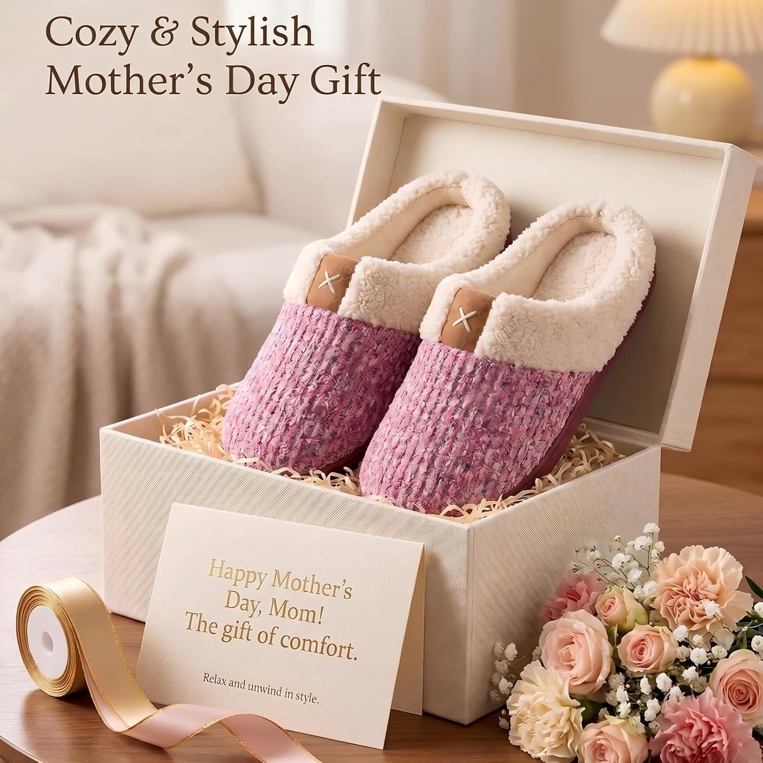 Women's Indoor Bedroom Slipper with Memory Foam, Gift for Women, Wool-Like House Shoe with Anti-Skid Rubber Sole for