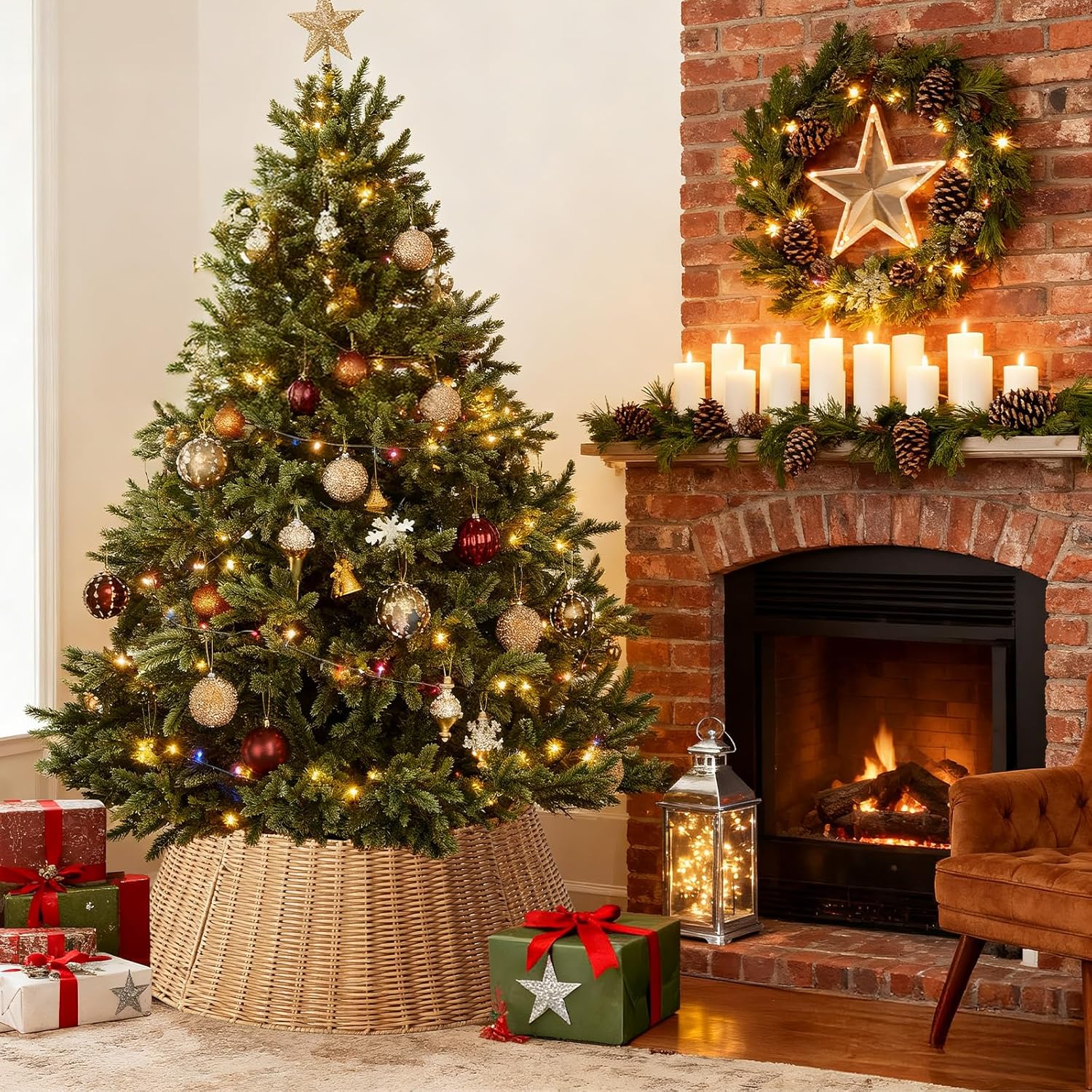27in Christmas Tree Collar, Wicker Skirt for 7.5ft Artificial Trees, 4-Piece Wicker Base Cover, Natural