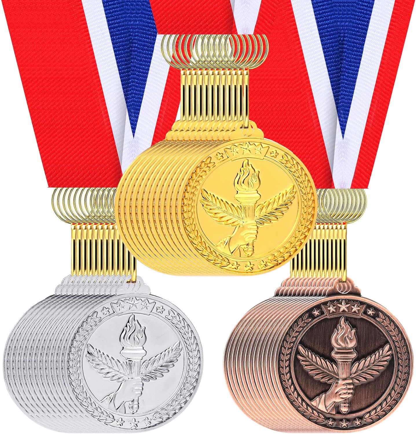 Gold Silver Bronze Medals Bulk, 2" Torch Award Medals | Winner Awards with Neck Ribbon, Metal Gold Silver Bronze