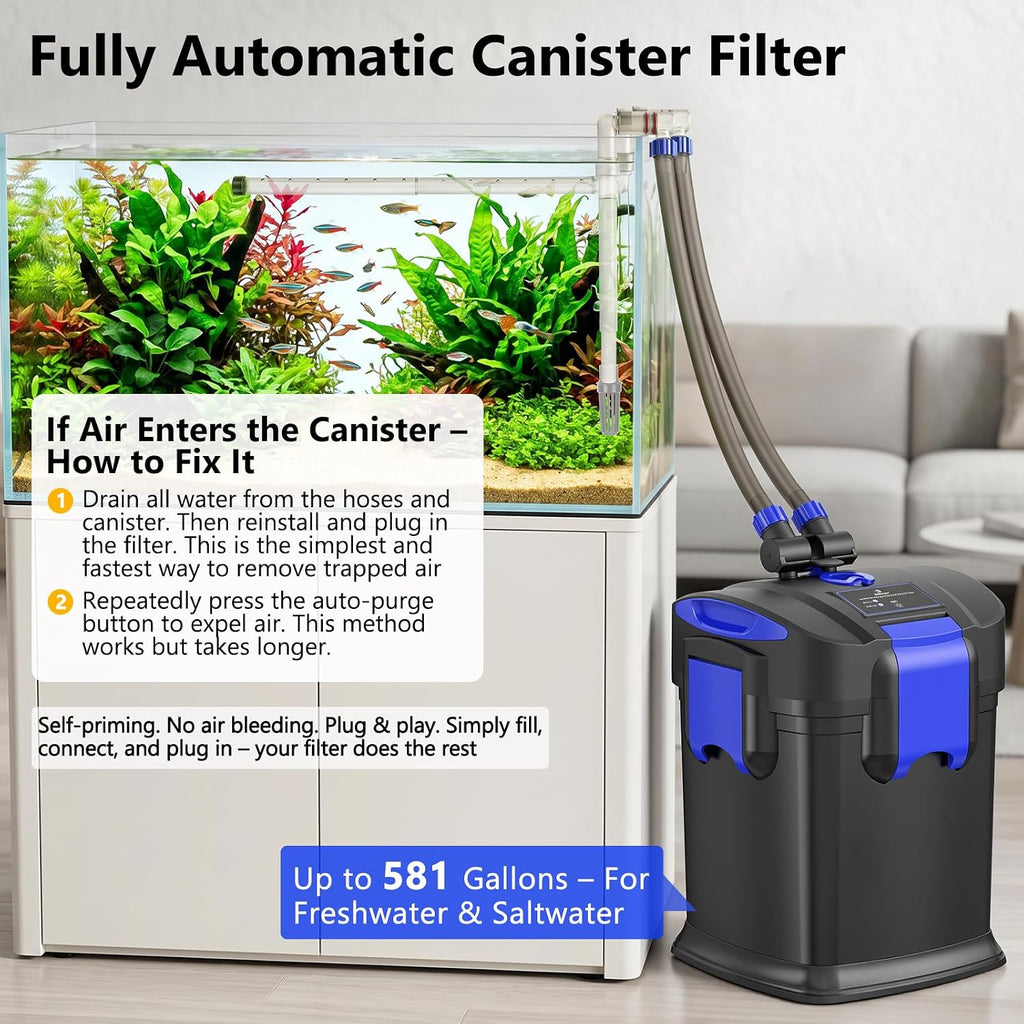 Canister Filters, 581GPH Self-Priming External Fish Tank Filter