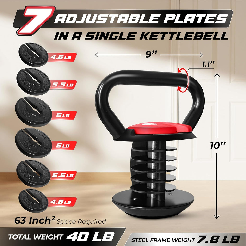 Adjustable Kettlebell Set, 20–40 LB Weight Set, Solid Cast Iron Handle with Spacer Disks & Secure Lock, Space-Saving