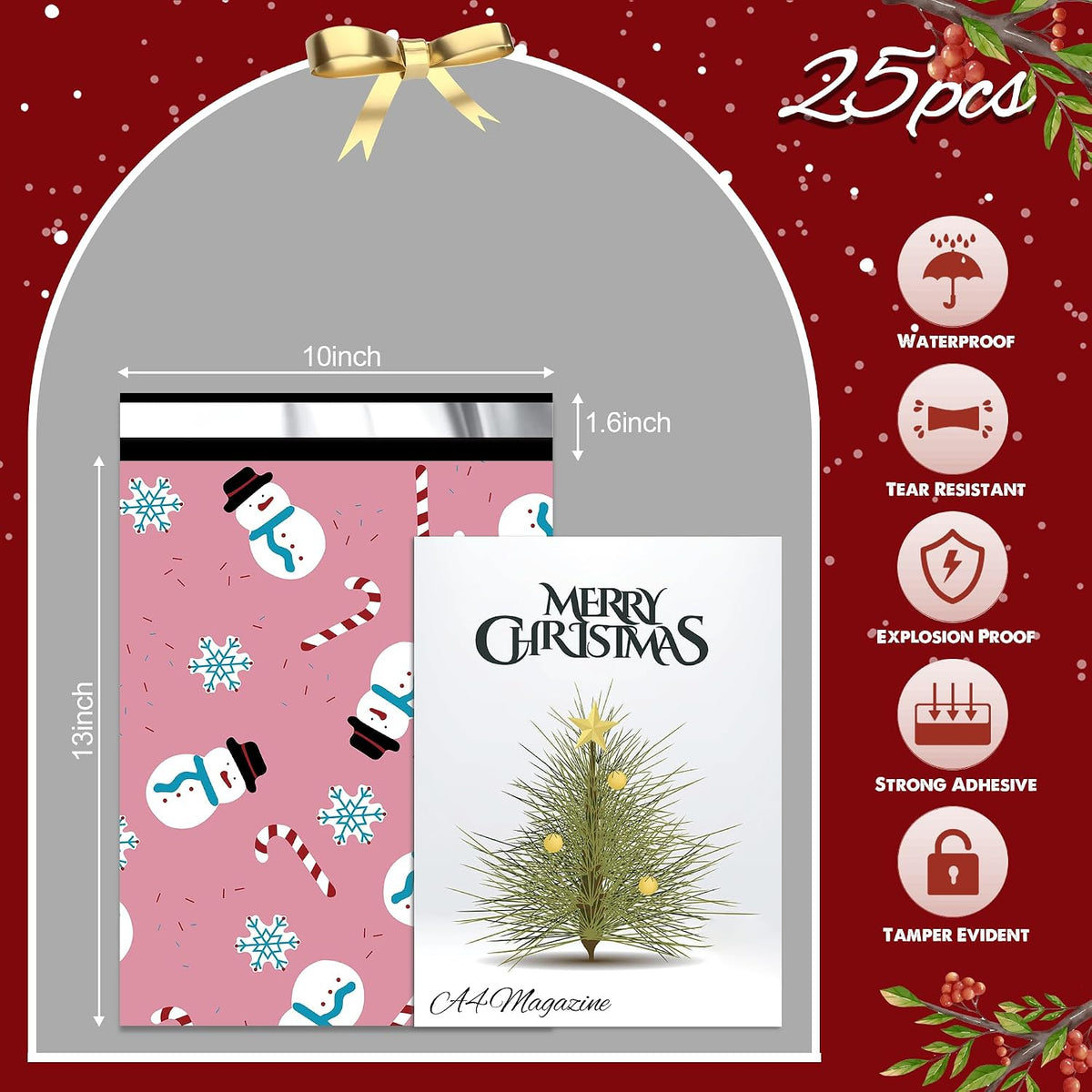 Christmas Poly Mailer 10x13 Inch 25 Pcs, Snowmen Printed