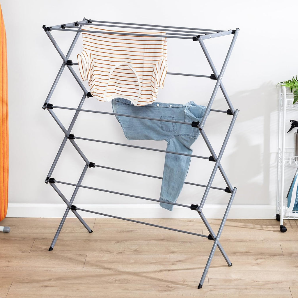 Oversized Collapsible Clothes Drying Rack, 35", 50 lb, Grey | Oversized 35" x 45" steel rack holds 50 lb and folds