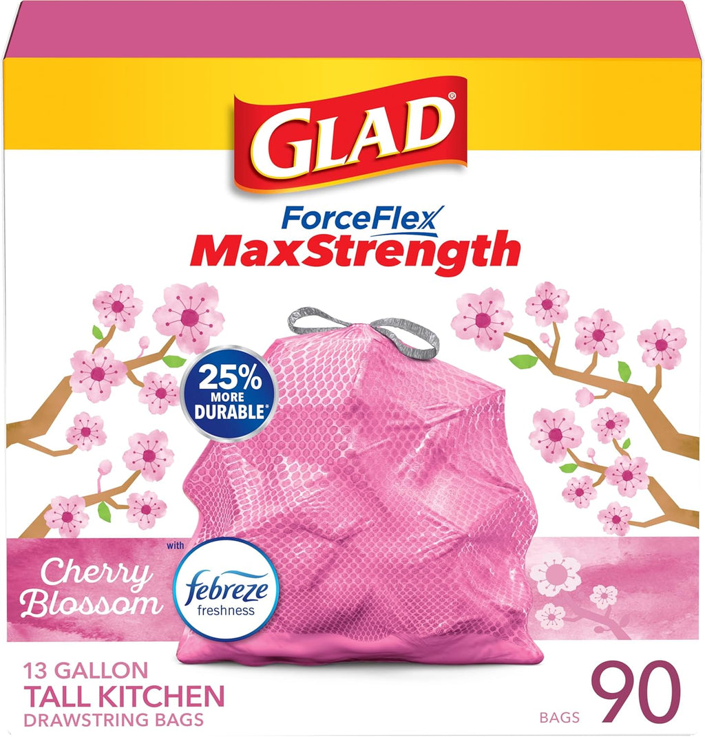 Tall Kitchen Trash Bags 13 Gallon, MaxStrength Cherry Blossom Garbage Bags, Drawstring, 90 Count