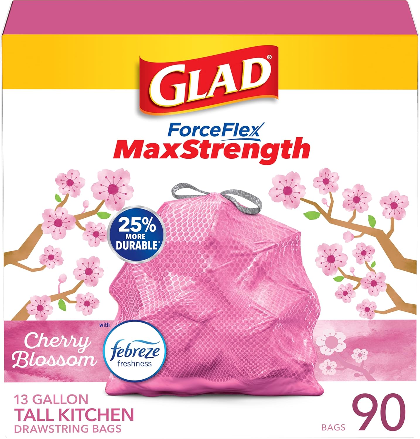 Tall Kitchen Trash Bags 13 Gallon, MaxStrength Cherry Blossom Garbage Bags, Drawstring, 90 Count