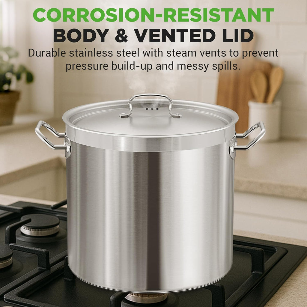 Stainless Steel Stock Pot with Lid 40 Qt | Non-Reactive 8/8 Interior Induction Pot with Even Heat Base | Compatible