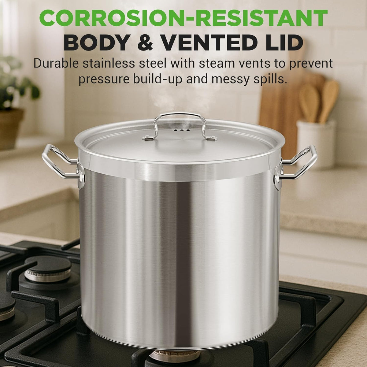 Stainless Steel Stock Pot with Lid 40 Qt | Non-Reactive 8/8 Interior Induction Pot with Even Heat Base | Compatible