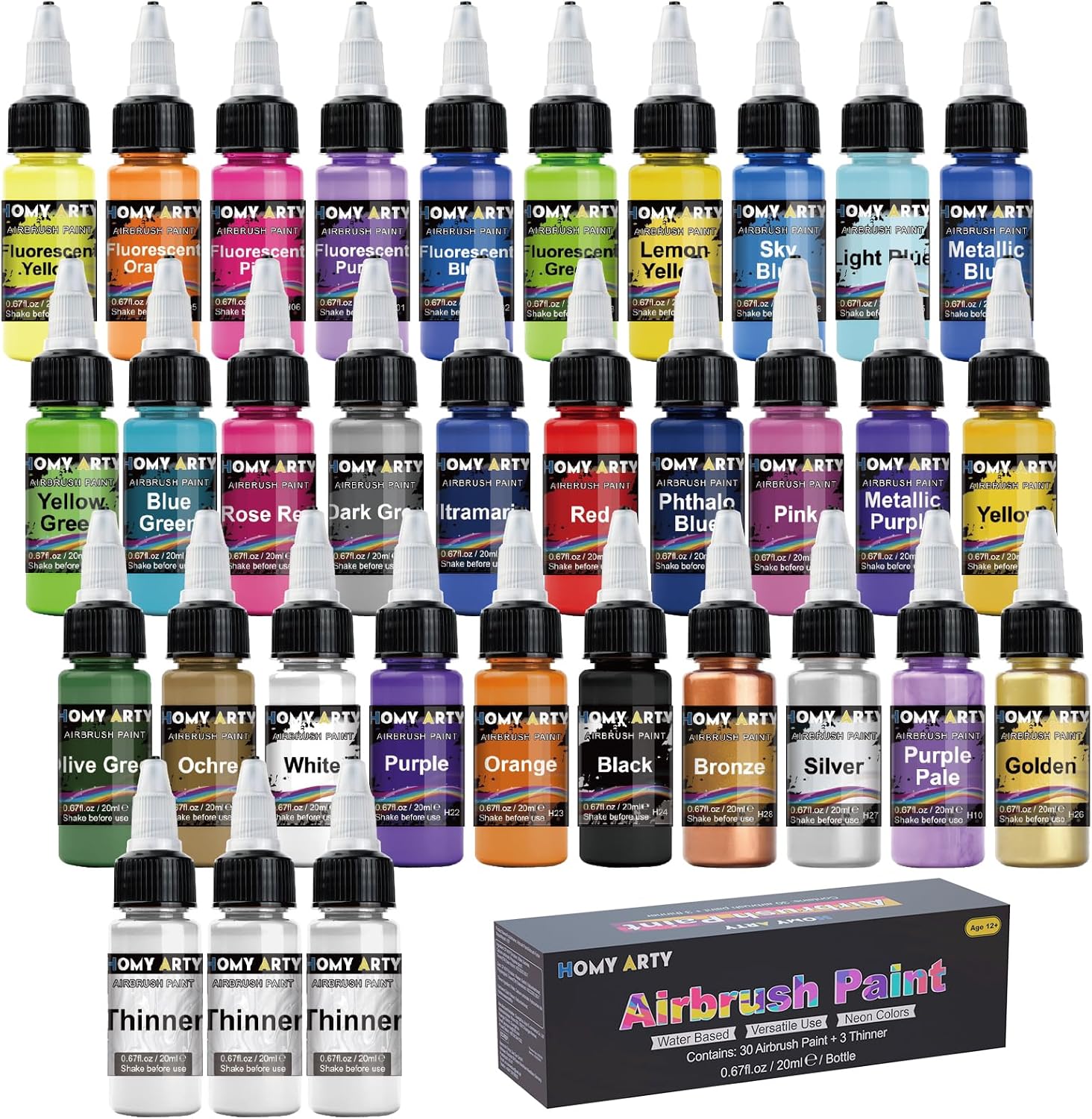 Airbrush Paint - 30 Colors with 3 Thinner | Ready to Spray Airbrush Paint Set, Water-Based Acrylic Air Brush Paints