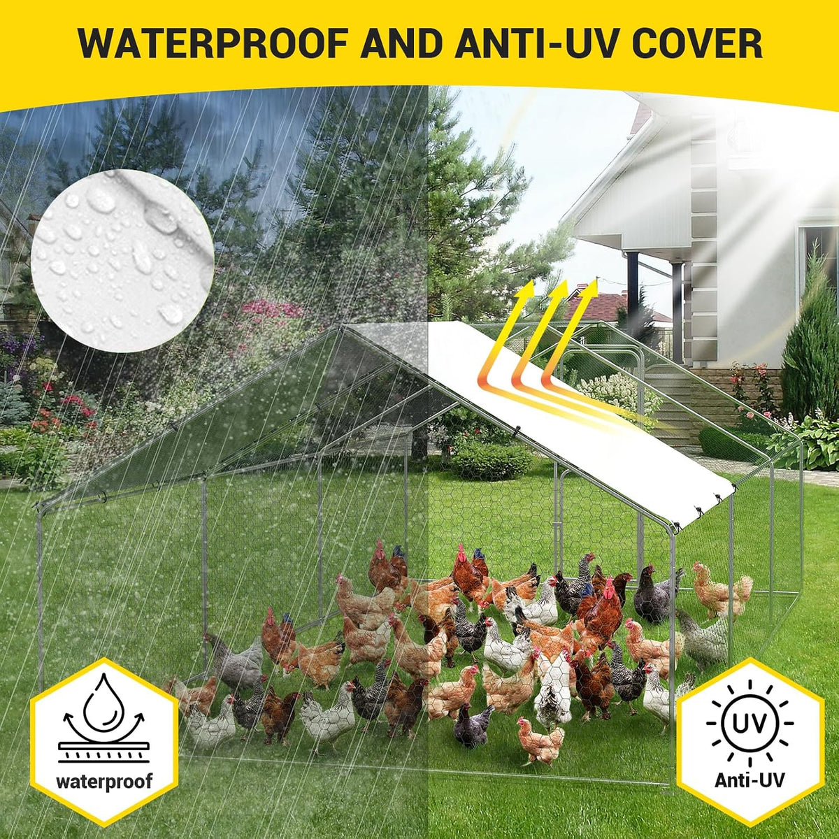 Chicken Coop with Run, Walk-in Metal Gable Roof Outdoor Pen