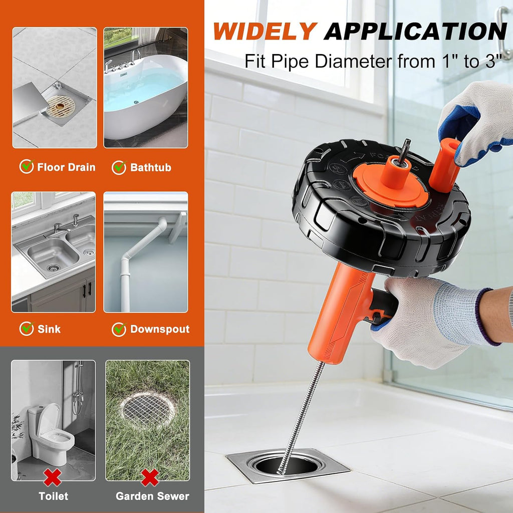 Auto-Feed Drain Snake Auger 25 ft with Drill Adapter | Plumbing Snake Drain Hair Removal Tool, Drain Auger Snake Hair