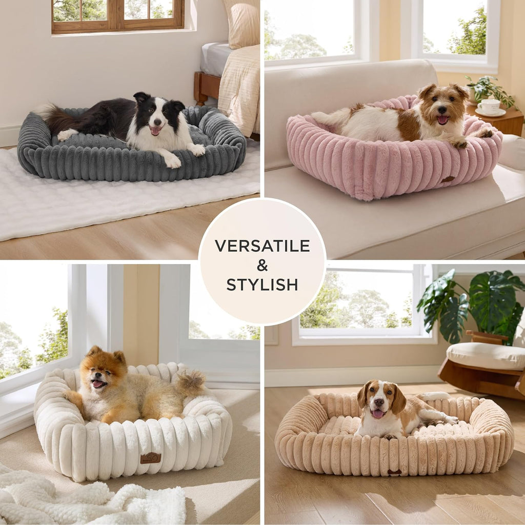 ComfyFleece Cute Dog Bed for Small Medium Dogs - Washable Furry Puppy Beds, Rectangle Orthopedic Corduroy Fleece Pet