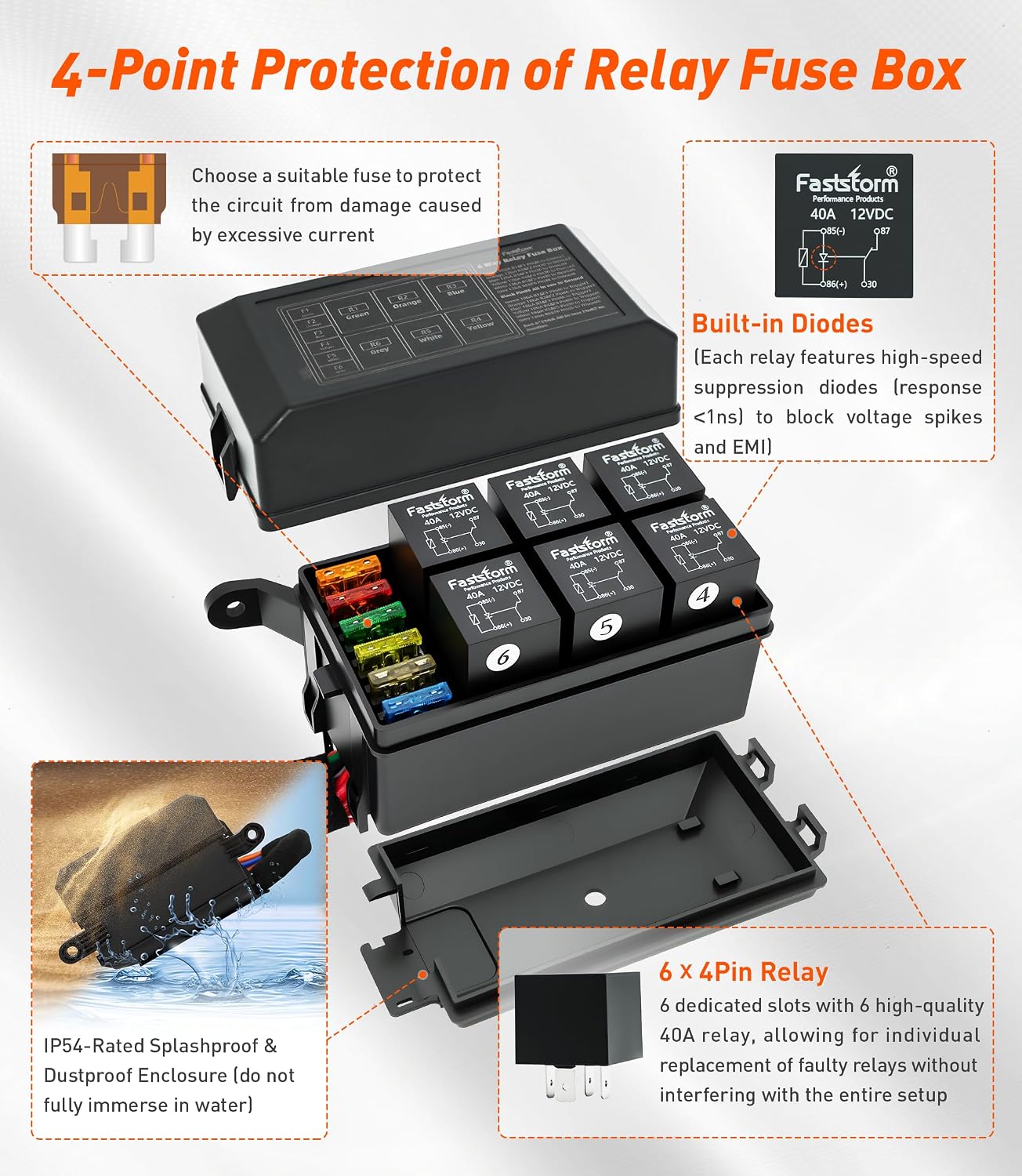 Fuse Relay Box, Relay Block Box Built-in Diodes 6 Way 12 AWG Pre-Wired Waterproof Relay Panel with Relays and