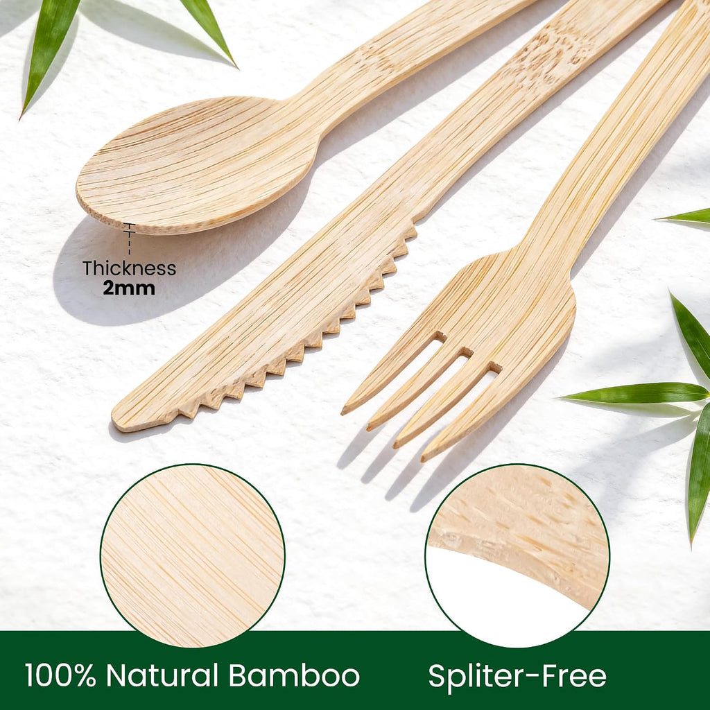 Bamboo Cutlery Disposable Set, [150 Pack] Heavy-Duty Bamboo Utensils
