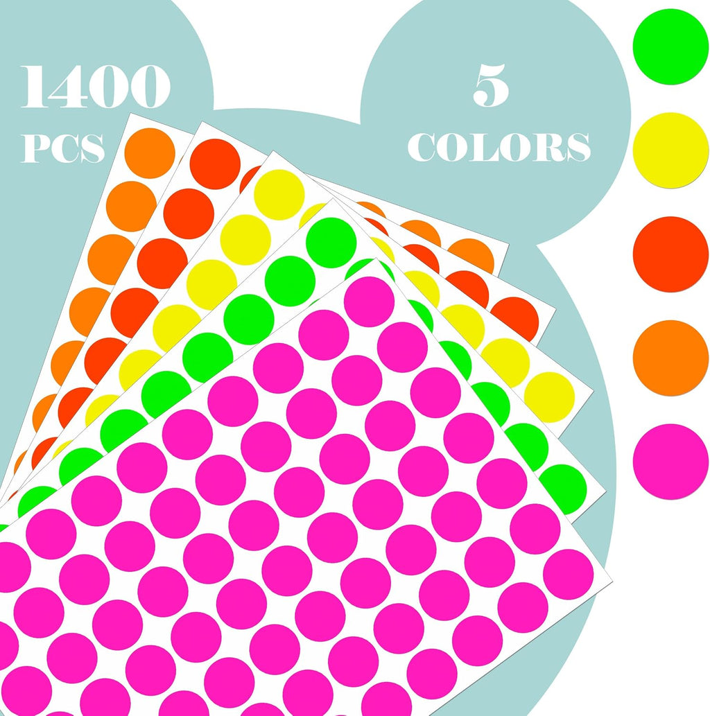 Dot Stickers 3/4 Inch Fluorescent Circle Sticker 1400pcs Colored Dot Labels