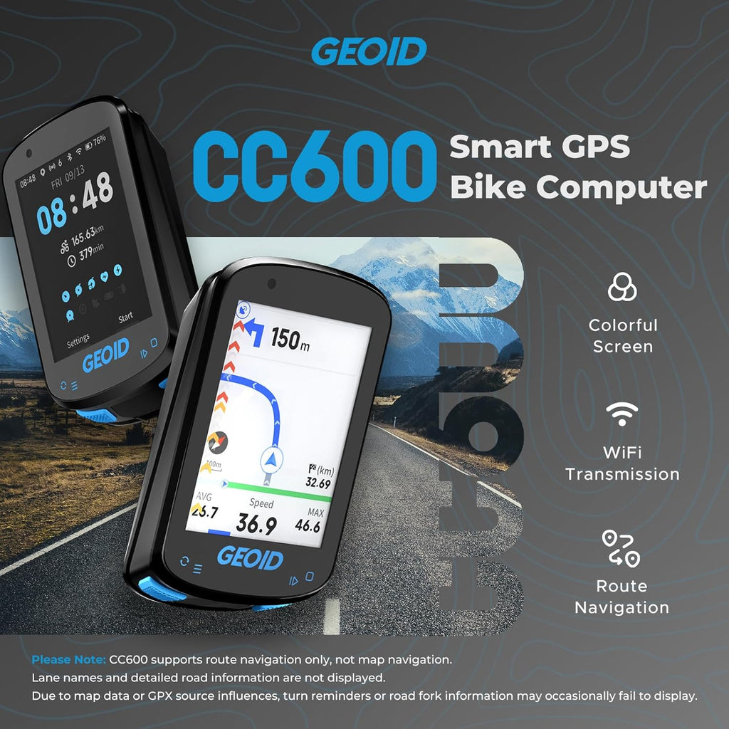 CC600 Color Screen Bike/Cycling Computer Wireless - Route Navigation with Reroute Planing, WiFi & Bluetooth, Fast 5s