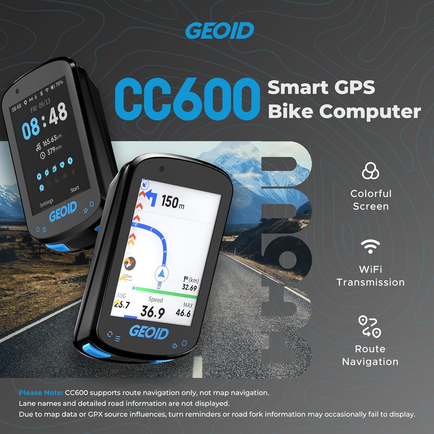 CC600 Color Screen Bike/Cycling Computer Wireless - Route Navigation with Reroute Planing, WiFi & Bluetooth, Fast 5s